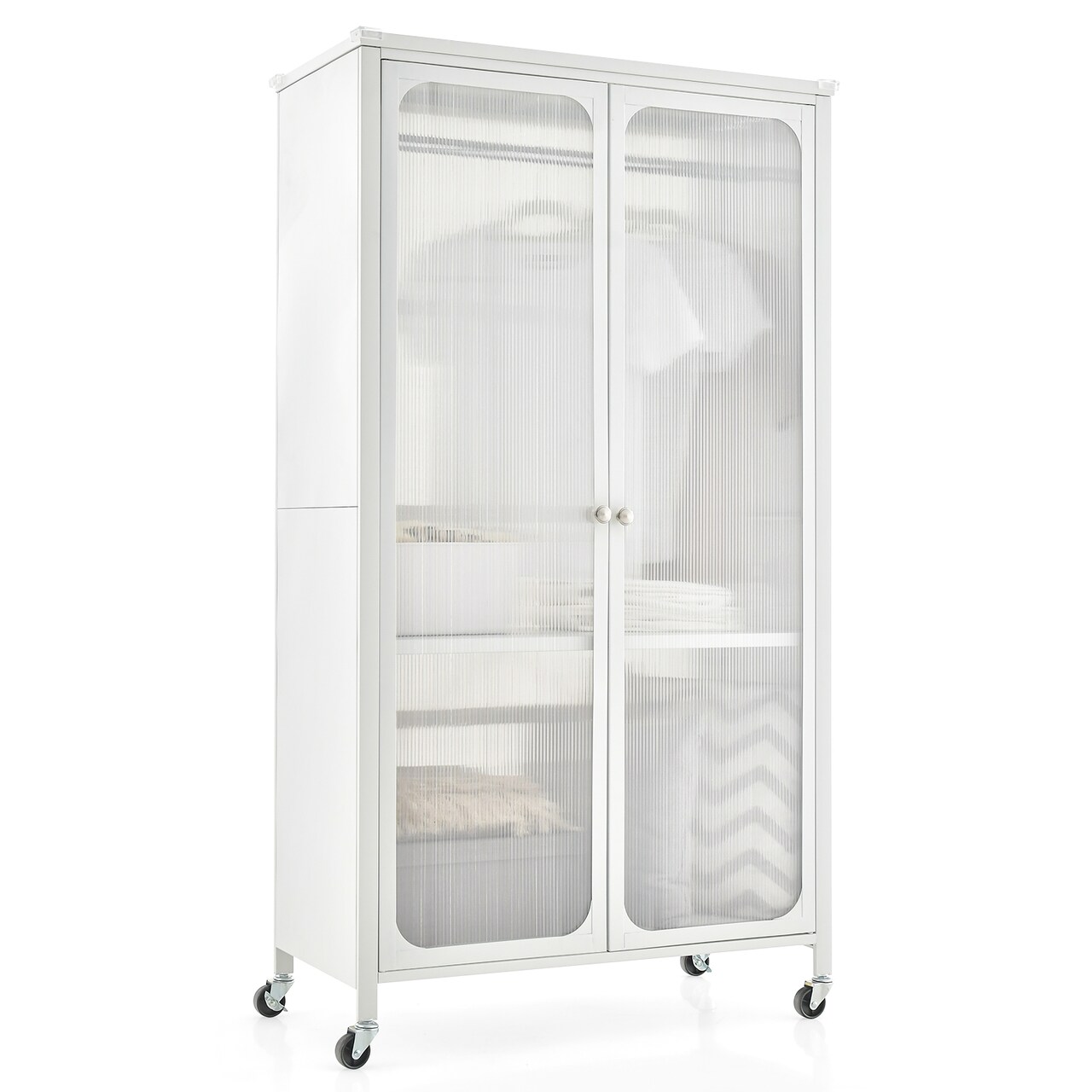 Metal Wardrobe Cabinet White Mobile Closet With Hanging Rod And Adjustable Shelves